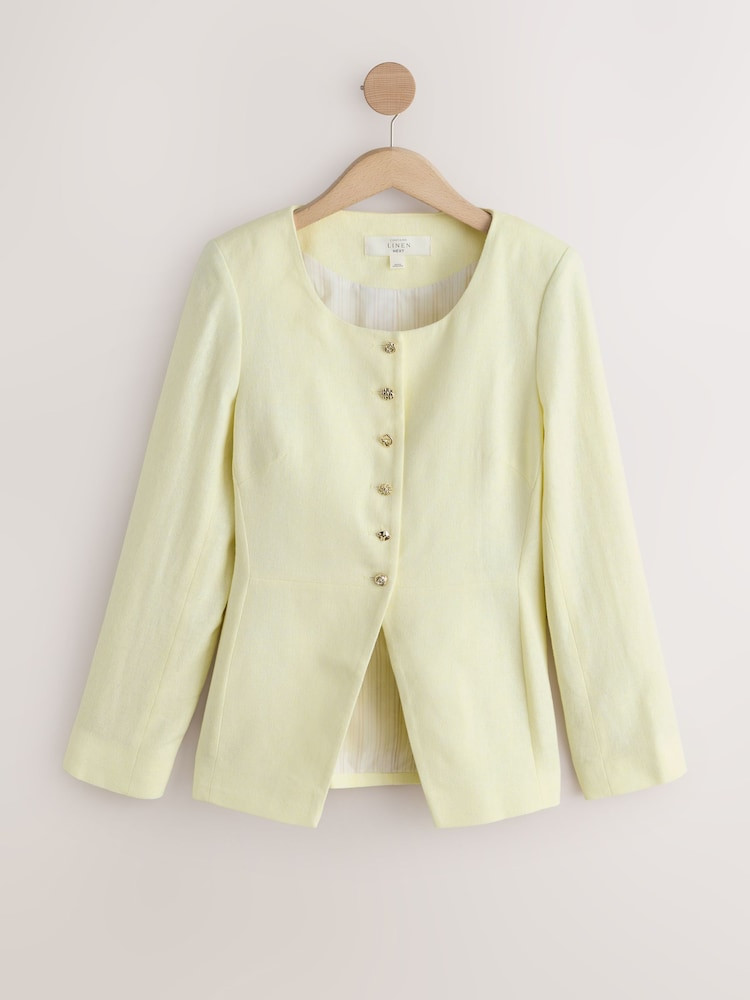 Lemon Yellow Linen Rich Herringbone Collarless Jacket | Next US
