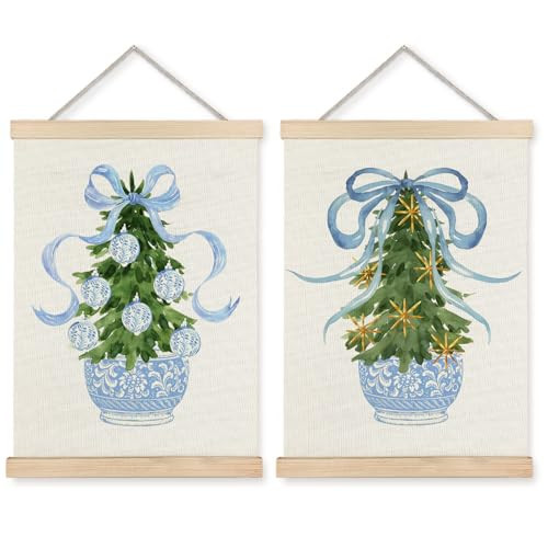 Exqcom Blue Chinoiserie Christmas Tree Wall Decor Set of 2, Coquette Blue Bow Preppy Christmas Wall Art Poster, Grand Millenial Holiday Xmas Posters for Girls Room Dorm Apartment, 12x16 Inches | Amazon (US)