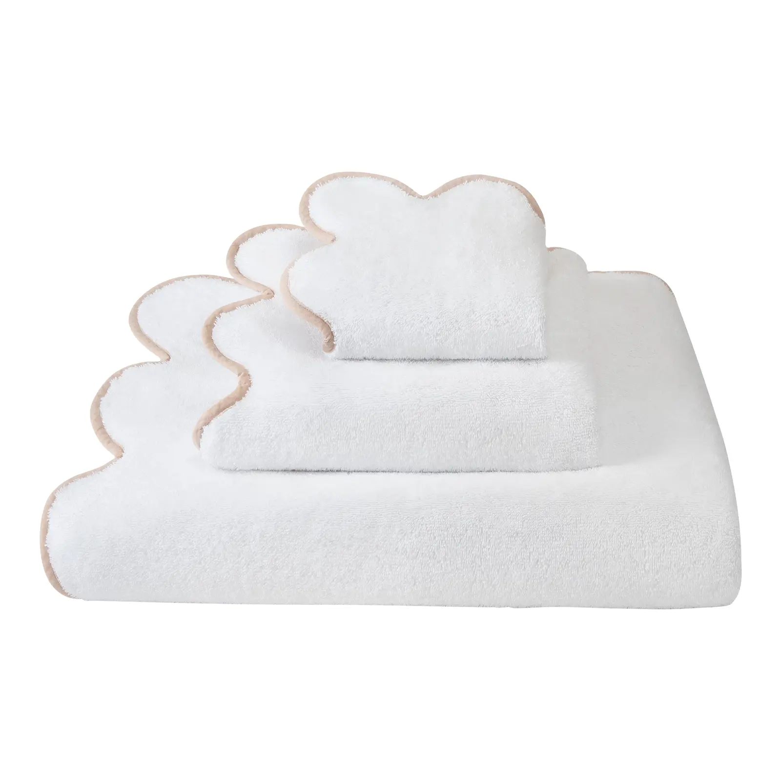 Kassatex x Chairish Scallop Bath Towel Set, White/Sand - Set of 3 | Chairish