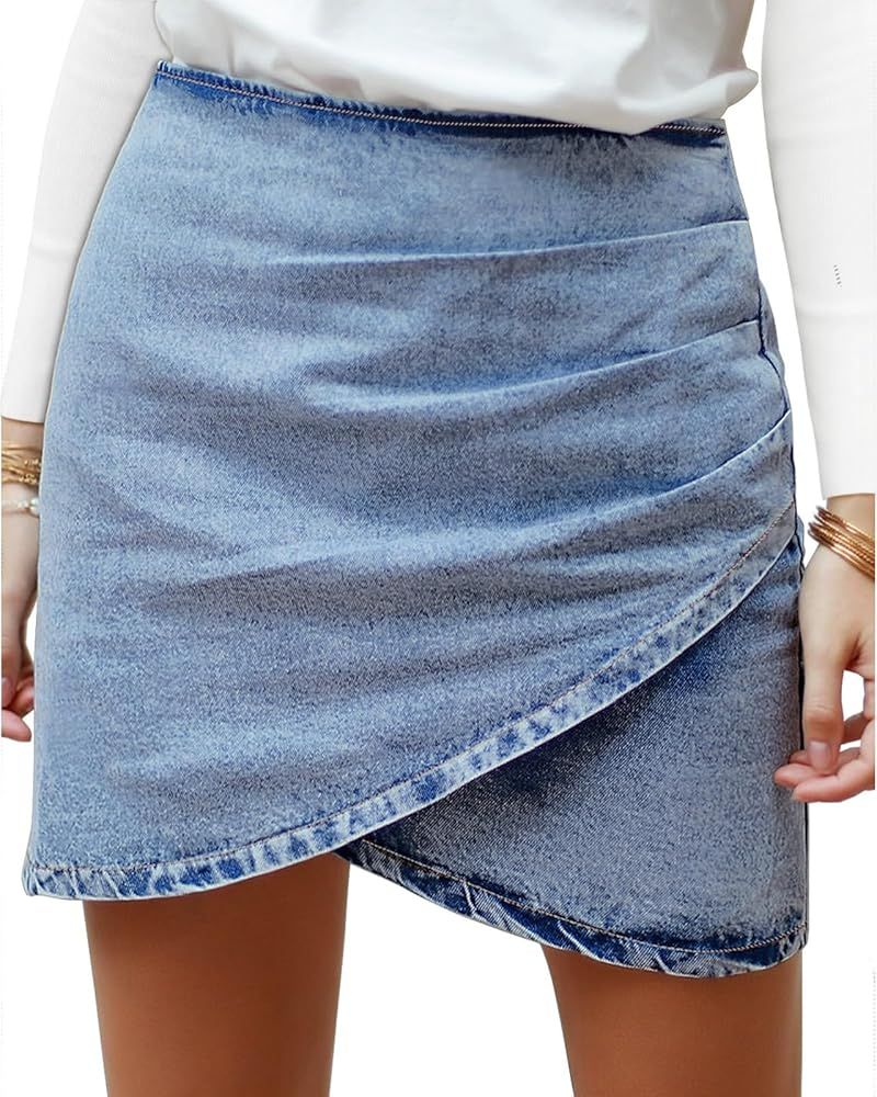 Vetinee Women's Tulip Hem Shirred Washed Casual Bodycon Short Jean Denim Skirt | Amazon (US)