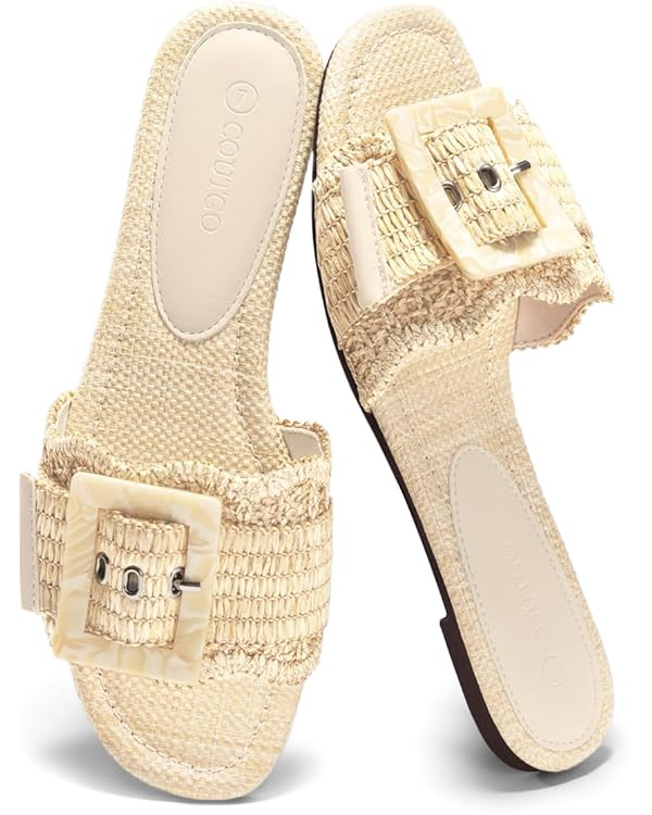 Coutgo Womens Flat Sandals Raffia Slip On Slide Sandal Square Open Toe Buckle Summer Beach Shoes ... | Amazon (US)