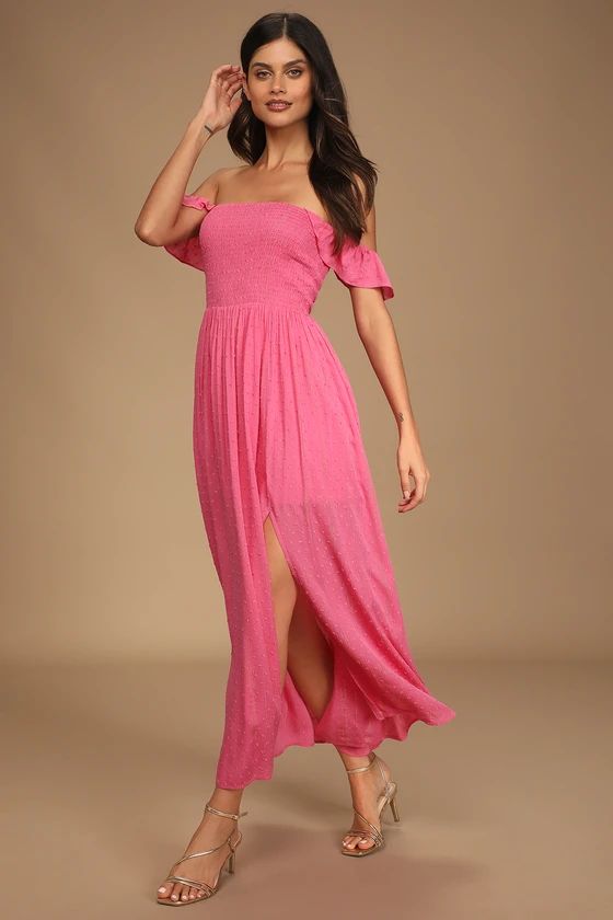 Searching for Sun Hot Pink Off-the-Shoulder Smocked Maxi Dress | Lulus (US)