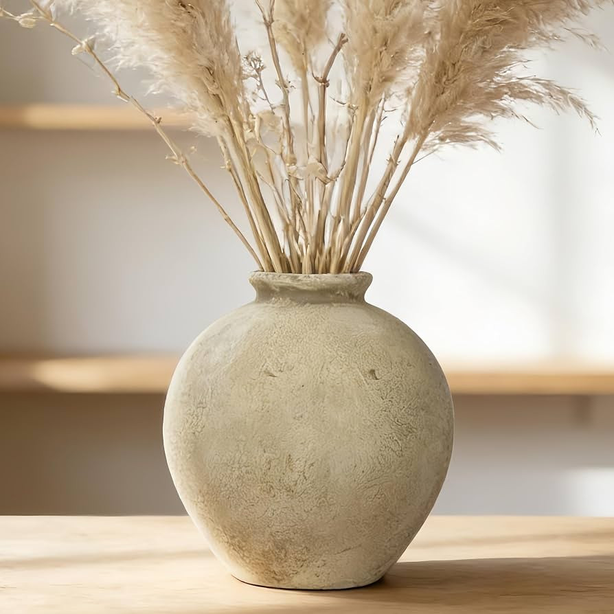7.87 Inch Beige Ceramic Rustic Vase, Handmade Farmhouse Flower Vases for Living Room & Home Decor... | Amazon (US)