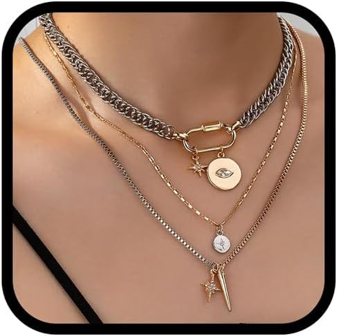 Gold Layered Necklaces For Women, 3PS Chunky Two Tone Necklace Silver Coin Pendant Paperclip Stac... | Amazon (US)
