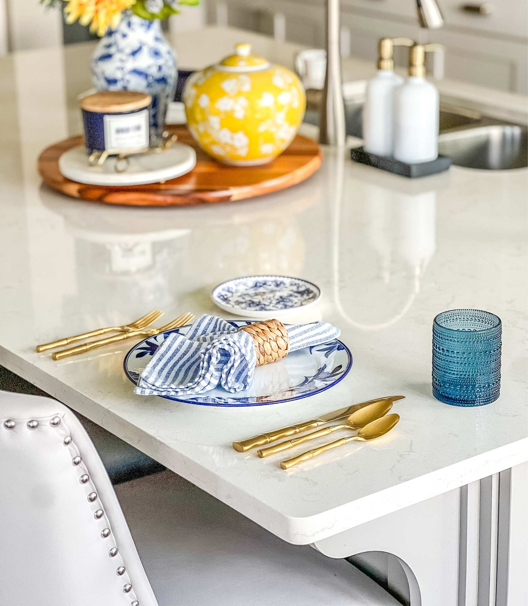 Coastalgrandmillennial kitchen, blue and white fines for Tessa, gold bamboo, flatware, gold silverware, blue habanero glasses, chinoiserie plates, blue and white plates, soap, pump, kitchen, decor, yellow, ginger, jar, Serena Lily, Ballard designs

#LTKfindsunder50 #LTKfindsunder100 #LTKhome