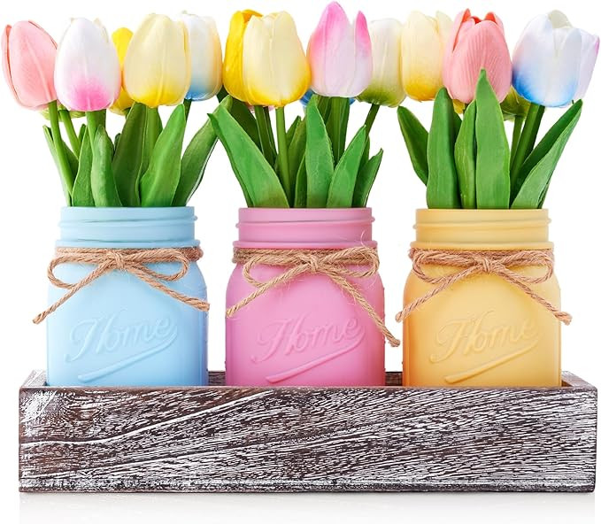Mason Jar Spring Easter Table Decor, Centerpieces for Tables with Tulips Artificial Flowers, Farm... | Amazon (US)