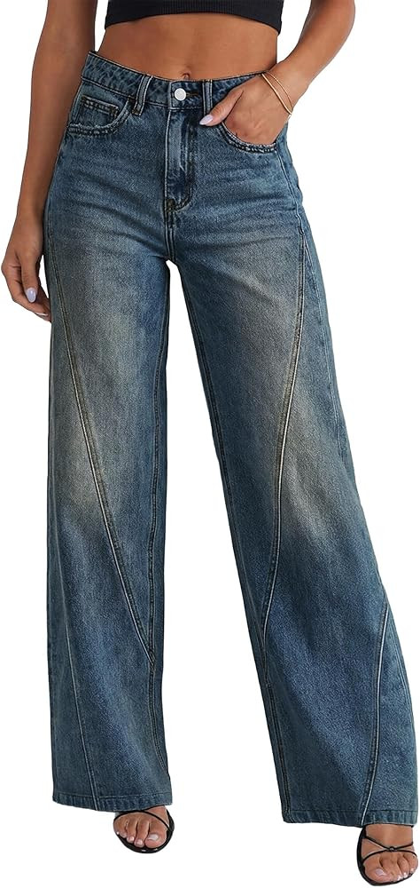Womens Wide Leg Jeans Mid High Waisted Baggy Straight Leg Stretchy Denim Pants Seamed Long Trouse... | Amazon (US)