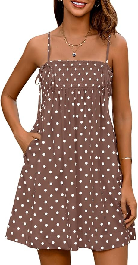 Yousify Women's Spaghetti Strap Babydoll Mini Dress Summer Casual Ruffled Smocked Short Dress Pol... | Amazon (US)