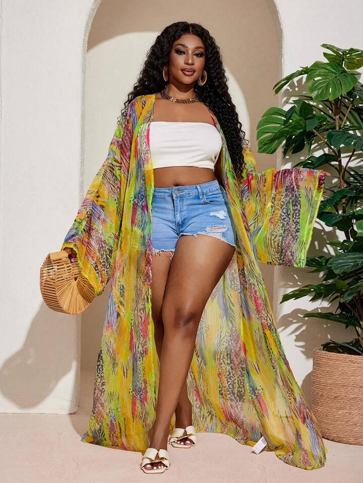 Slaydiva 2025 New Versatile Classic Casual Loose Chiffon Abstract Striped Print Long Sleeve Beach Cover Up Top, Suitable For Everyday & Resort Wear | SHEIN