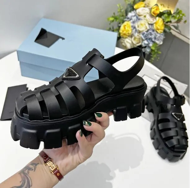 Designer Women's Rome Thick Sole Sandals Classic triangle New High Thick-Sole Hollow Buckle femal... | DHGate