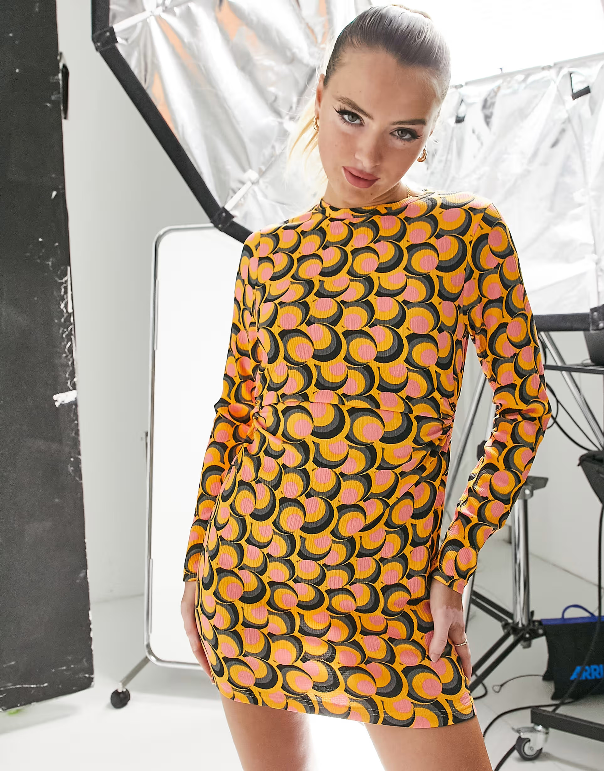 Wednesday's Girl long sleeve body-conscious dress in retro print with ring detail | ASOS (Global)