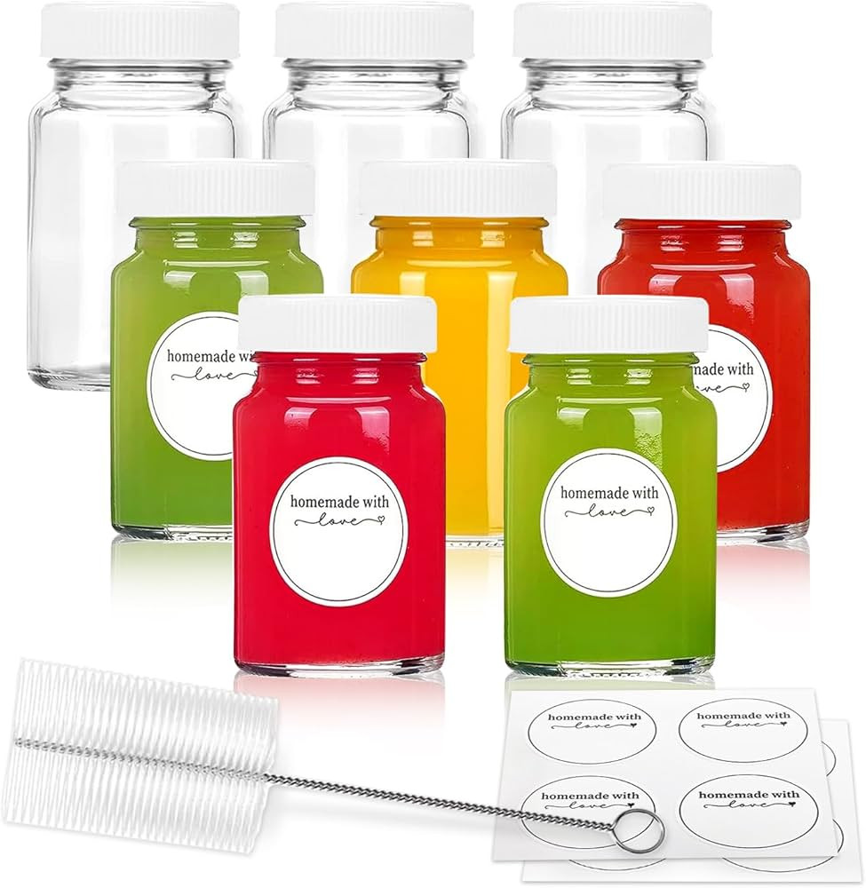 8pcs 2oz Glass Shot Bottles with Lids and Labels, Reusable Small Clear Jar for Juice, Ginger, Wel... | Amazon (US)
