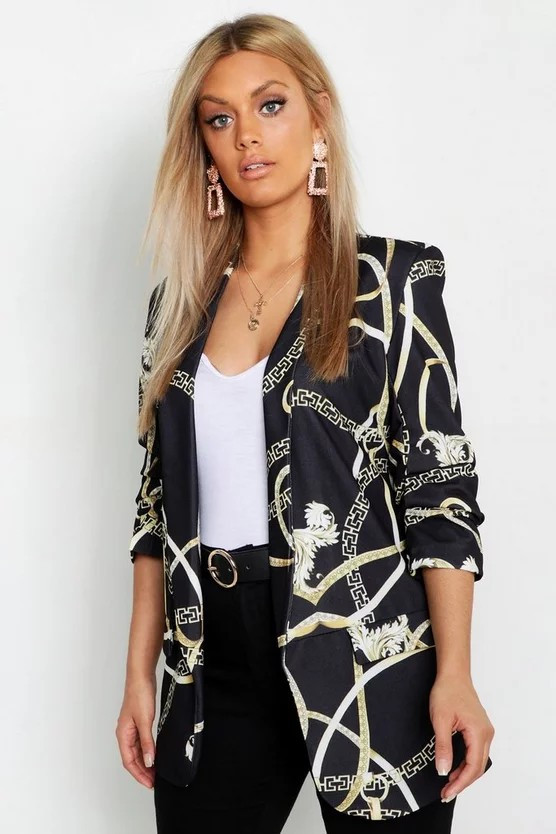 Plus Chain Print Ruched Sleeve Blazer | Boohoo.com (US & CA)