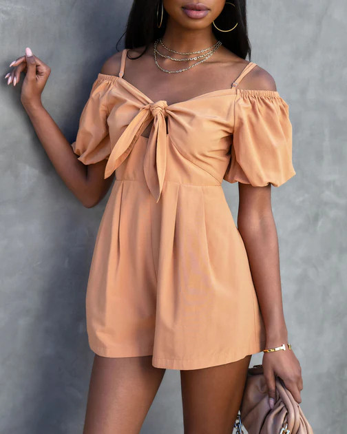 Mercedes Off The Shoulder Pocketed Romper - Dusty Orange - Sale | VICI