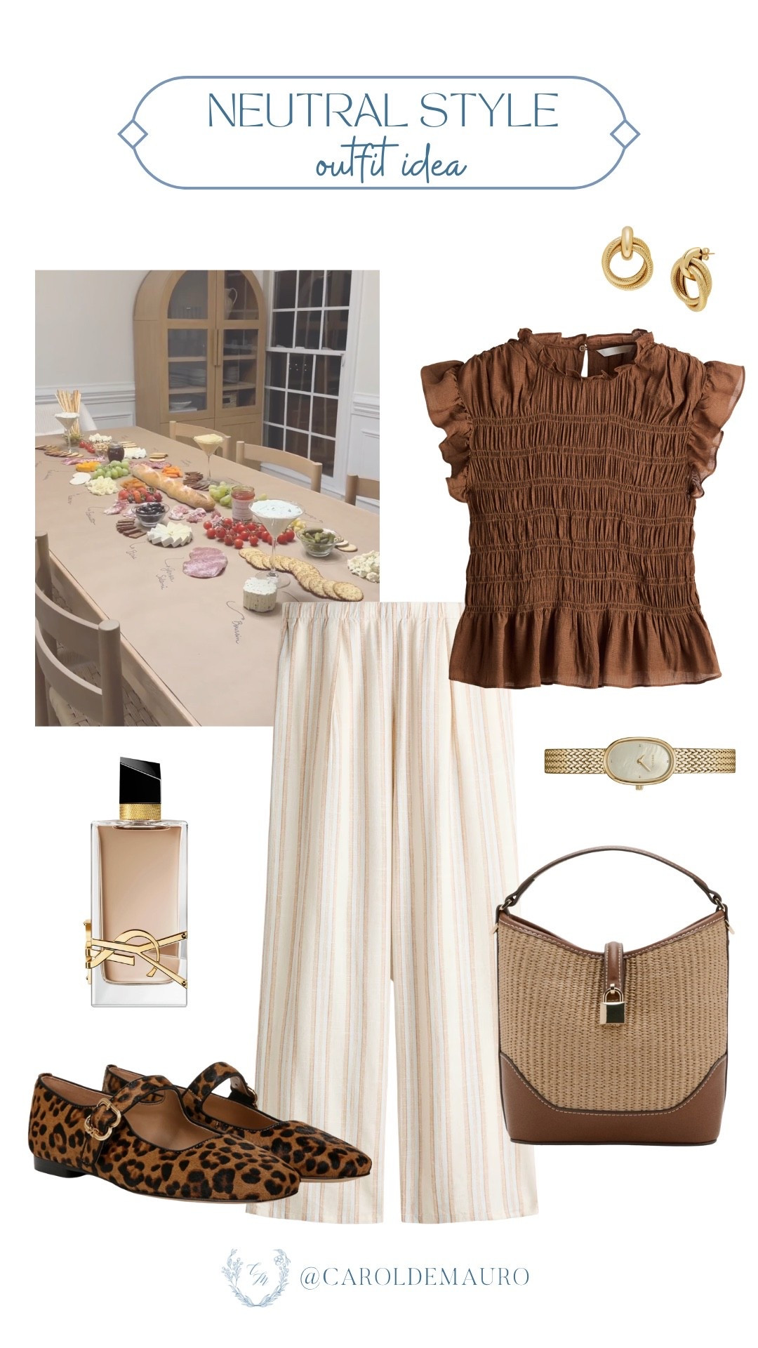 A chocolate brown smocked ruffle top with striped wide-leg trousers, leopard Mary Janes, and a woven tote is such a good neutral look that has just enough personality. The gold watch and YSL Libre perfume pull it all together beautifully.

neutral outfit, leopard flats, chic everyday look, style inspo, petite fashion, outfit idea

#LTKootd #LTKPetite #LTKU