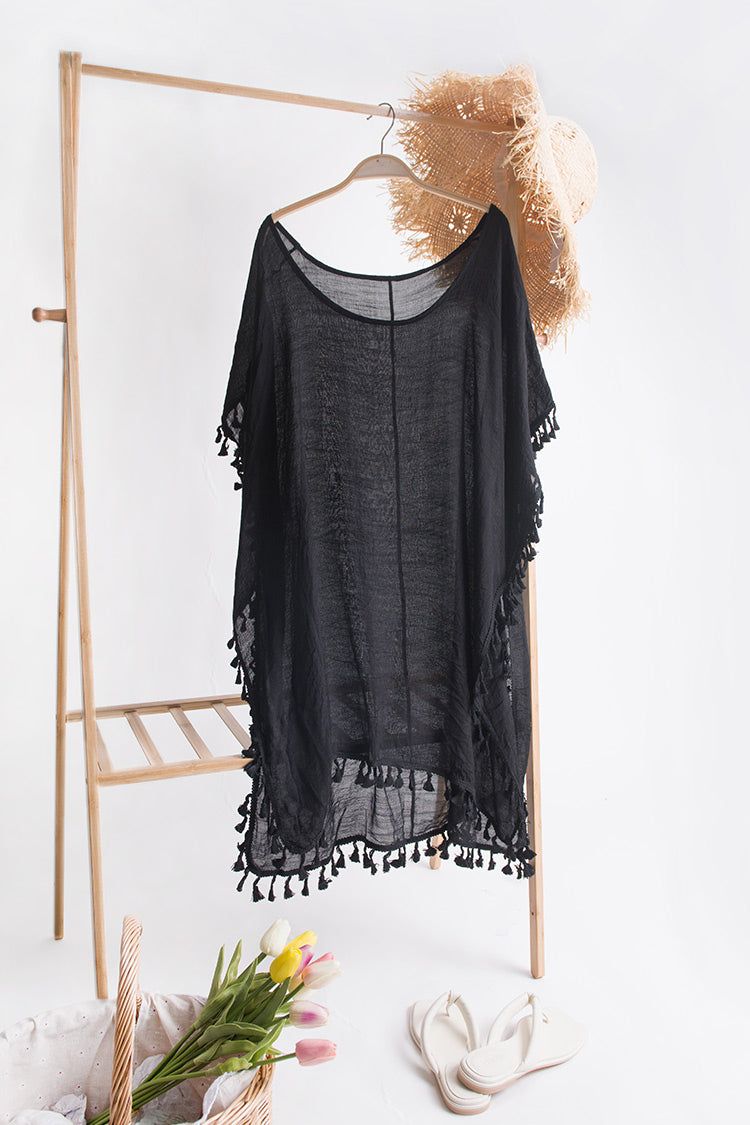 Abbie Black Round Neck Tassel Cover Up | Cupshe