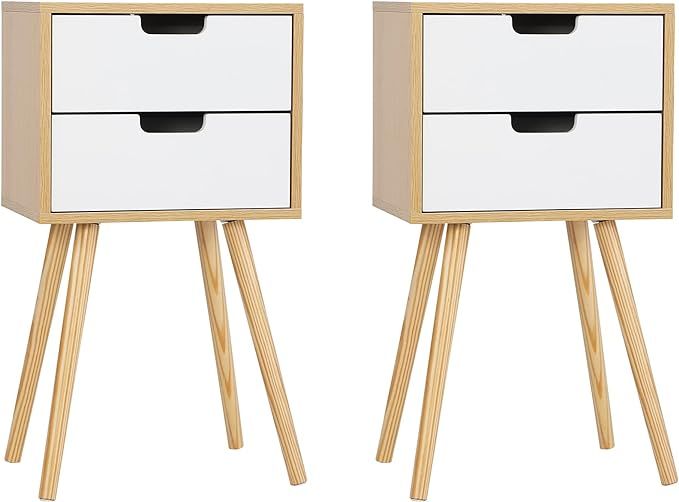 JAXPETY Set of 2 Wooden Nightstand with Solid Wood Legs, Modern End Table Sofa Table with 2 Drawe... | Amazon (US)