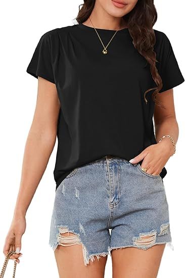 AOVDE Womens Short Sleeve Shirts - 2024 Summer Casual Cotton Crewneck T Shirts Basic Tees Tops | Amazon (US)