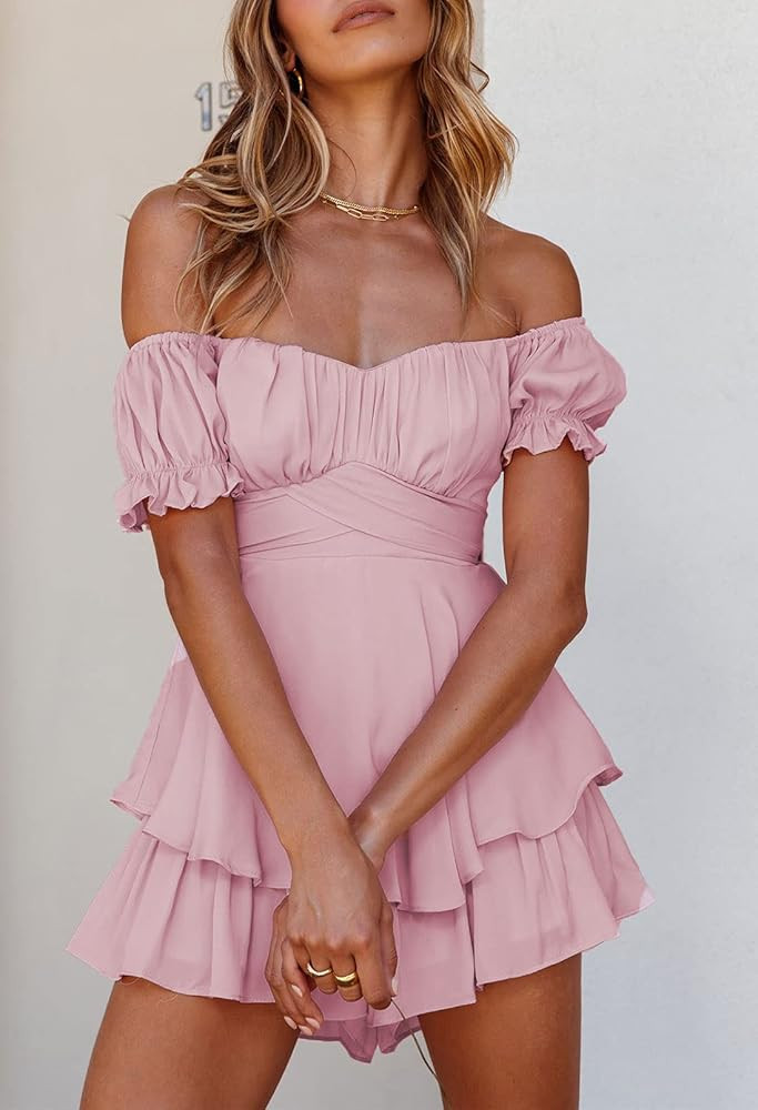 Fixmatti Women Boho Romper Off Shoulder Ruffle Romper Dress Pink Romper Outfit Vacation Romper Beach | Amazon (US)