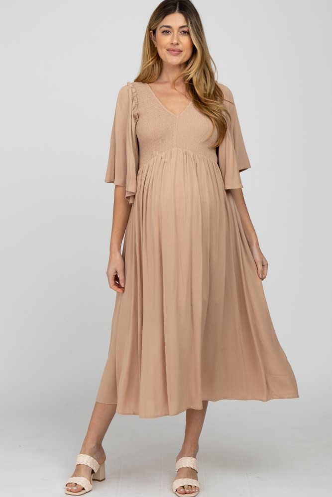 Taupe Smocked Front Ruffle Sleeve Maternity Midi Dress | PinkBlush Maternity
