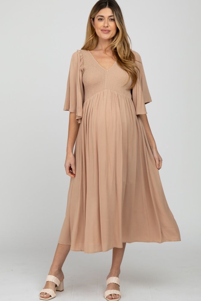 Taupe Smocked Front Ruffle Sleeve Maternity Midi Dress | PinkBlush Maternity