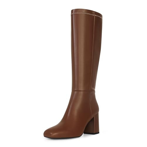 SOVANYOU Brown Knee High Boots Leather Tall Brown Boots for Women Chunky Heeled Tall Boots Square Toe Long Boots Go-Go Boot | Amazon (US)