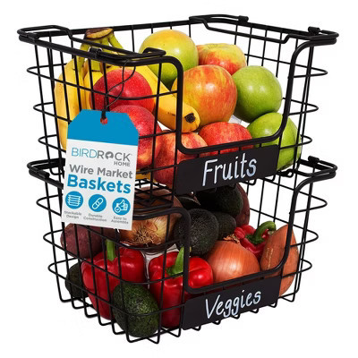 BirdRock Home Stacking Wire Market Baskets with Chalk Label - Set of 2 - Black | Target