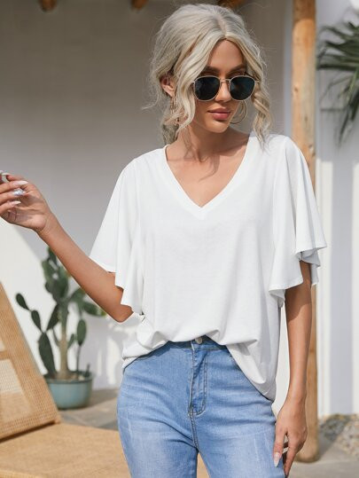 SHEIN Butterfly Sleeve Solid Tee | SHEIN