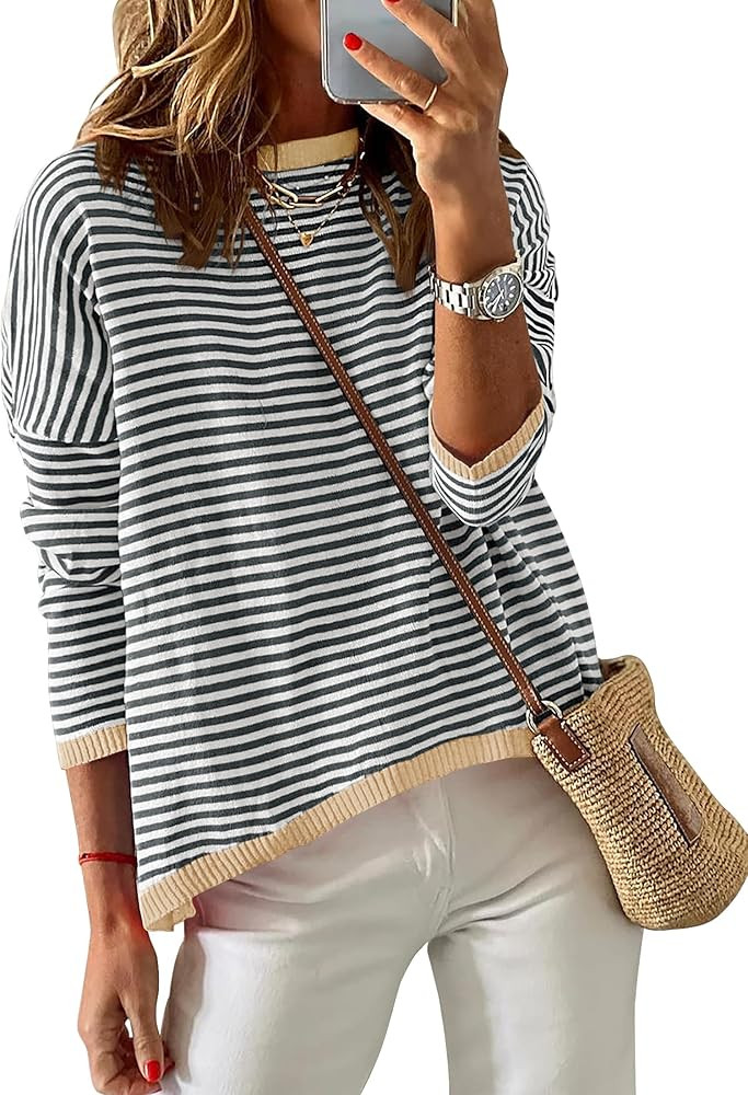 ZESICA Womens 2024 Fall Striped Sweaters Long Sleeve Crew Neck Shirts Color Block Lightweight Pul... | Amazon (US)