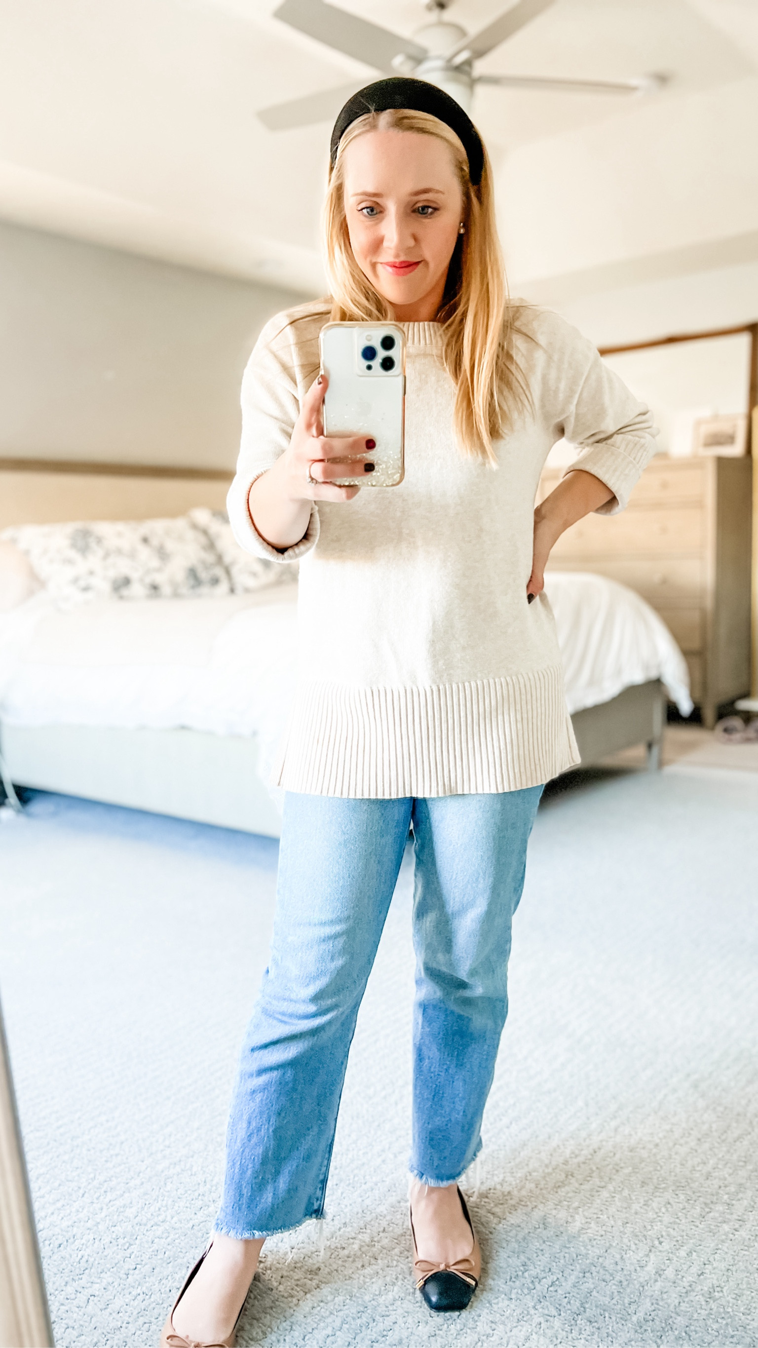 Casual weekday outfit for fall! Pairing ballet flats (fit tts), tunic sweater (sized down to xs petite), and straight jeans (27/4 petite fits tts) 
Fall outfit, jeans, sweater, petite, mom outfit 


#LTKFindsUnder100 #LTKSaleAlert #LTKStyleTip