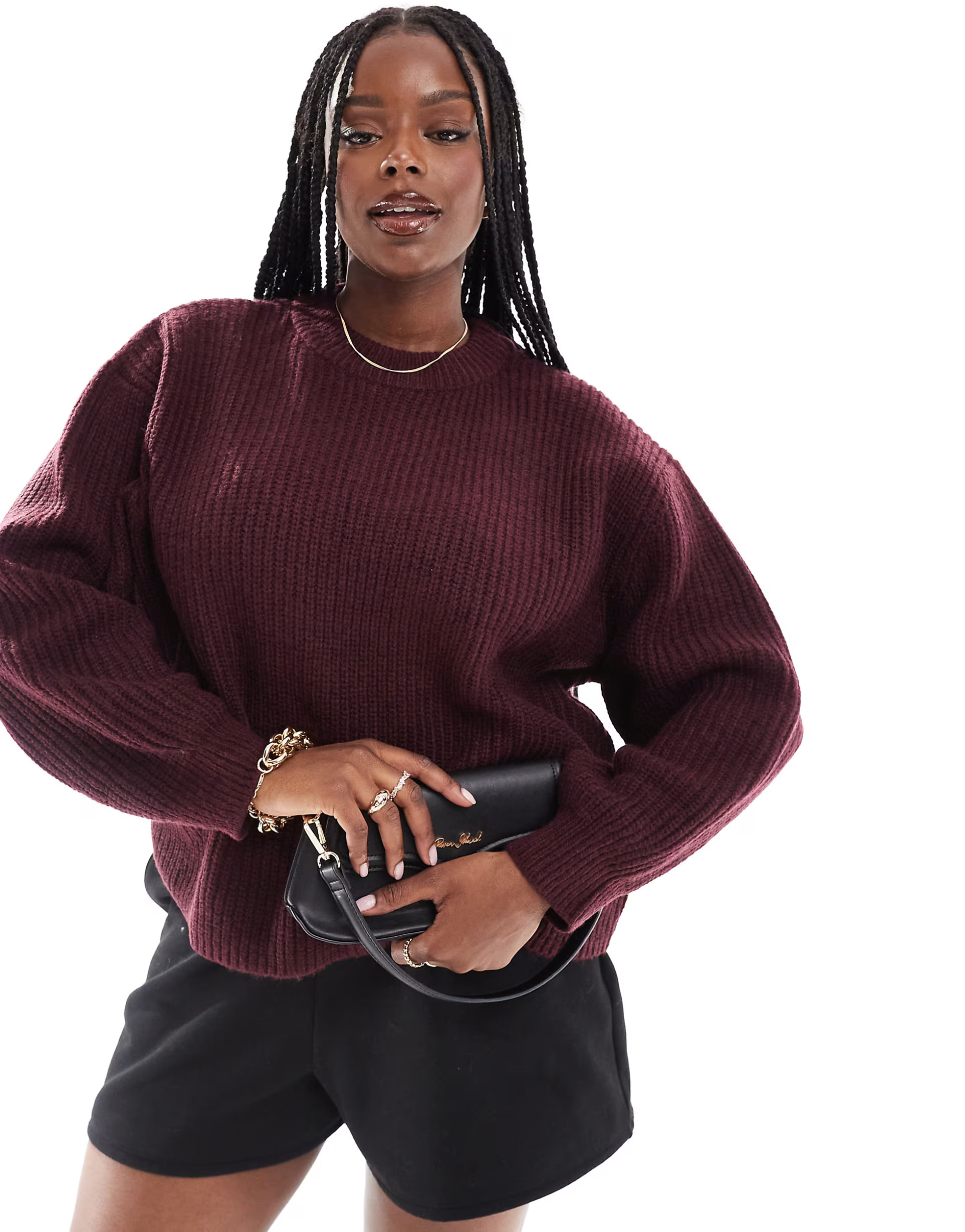 ASOS DESIGN Curve chunky crew neck jumper with volume sleeve in burgundy | ASOS (Global)