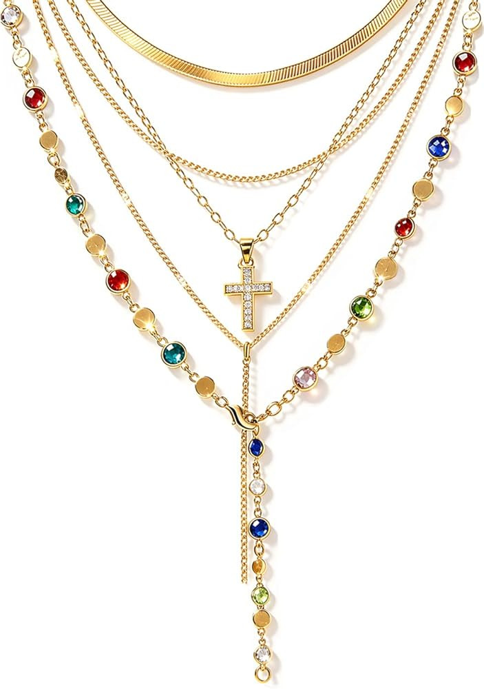 5PCS 14k Gold Plated Cross Necklaces for Women, Pendant Stacked Layered Diamond Y Long Boho Jewel... | Amazon (US)
