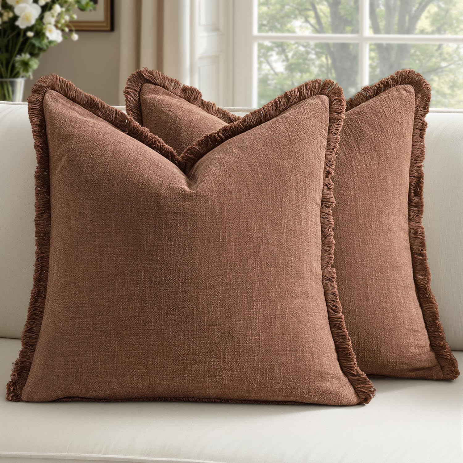 Linen Fringe Throw Pillow Covers 20x20 Inch Set of 2,Brick | Amazon (US)