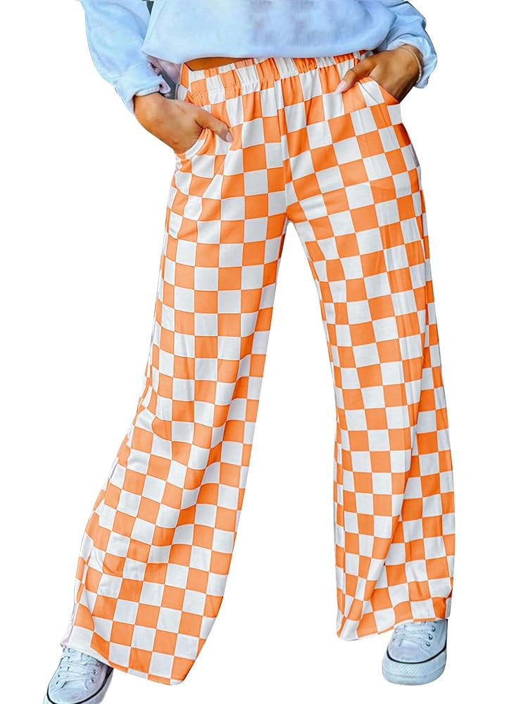 Womens Checkered Pants Y2K Pajama Pants Elastic Waist Wide Leg Lounge Pants Comfy Pj Bottoms with... | Amazon (US)