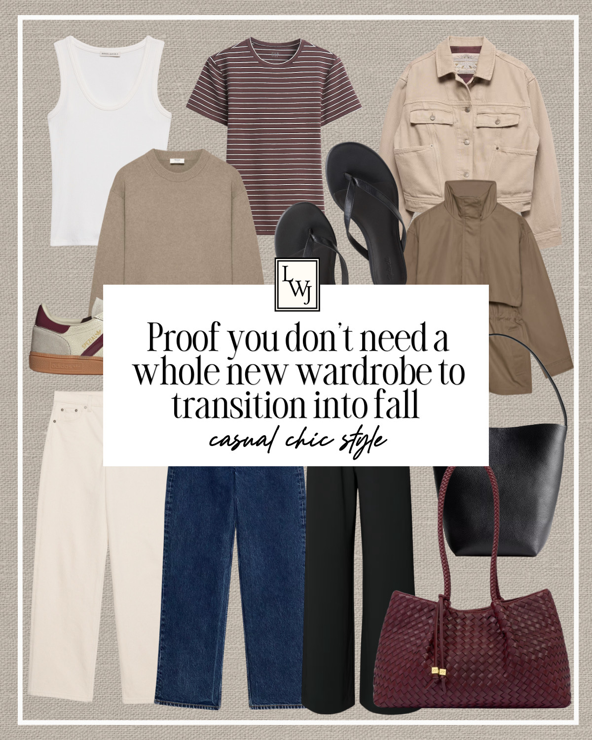12 pieces to transition you into fall -- casual chic style 

end of summer / early fall / pre-fall style/ ecru jeans / dark blue jeans / aritzia lodge pants / scoopneck tank / striped baby tee / aritzia cashmere sweater / banana republic archive denim jacket / aritzia cinch twill jacket / adidas sneakers / flip flops / quince / bucket tote / katie loxton / style over 30

#LTKootd #LTKSeasonal