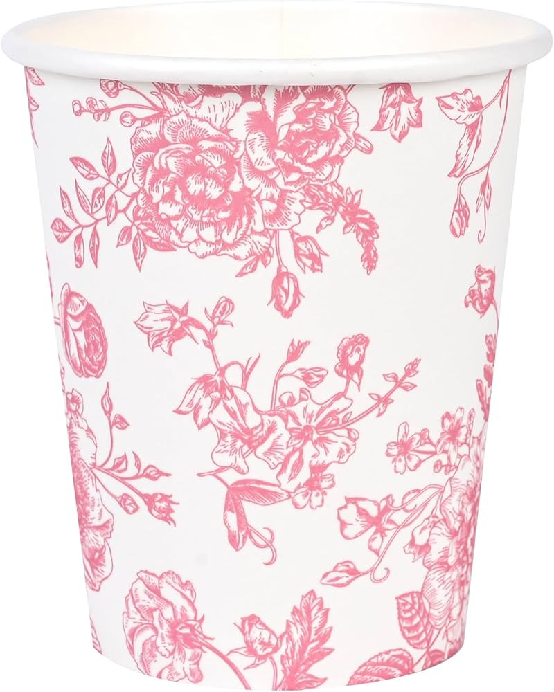 100Pcs Floral Paper Cups Pink Flowers Paper Cups 9oz Disposable Pink and White Toile Chinoiserie ... | Amazon (US)