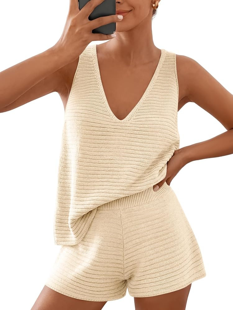 LILLUSORY Women's Summer 2 Piece Vacation Short Sets Matching V Neck Cute Beach Outfits 2026 Loun... | Amazon (US)