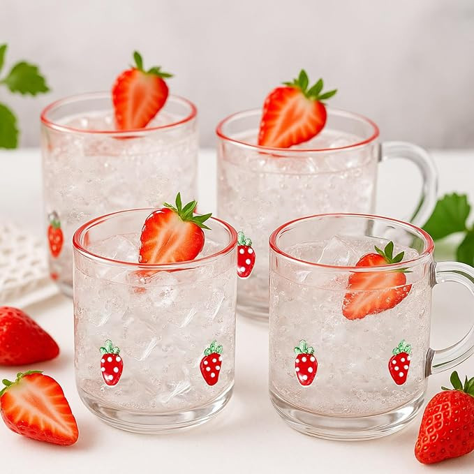 Amazon.com | SiliFine 4 Pack Fruit Icon Glass Cups 14oz Strawberry Mugs with Handle Clear Drinkin... | Amazon (US)