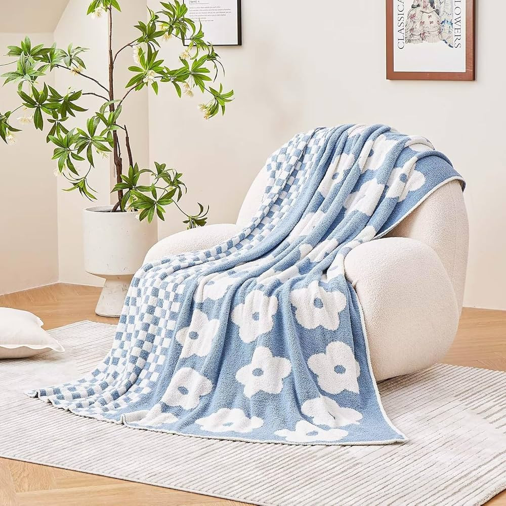 Checkered Throw Blanket, Dusty Blue Super Soft Knit Breathable Throw Blanket, Cozy Fluffy Reversi... | Amazon (US)