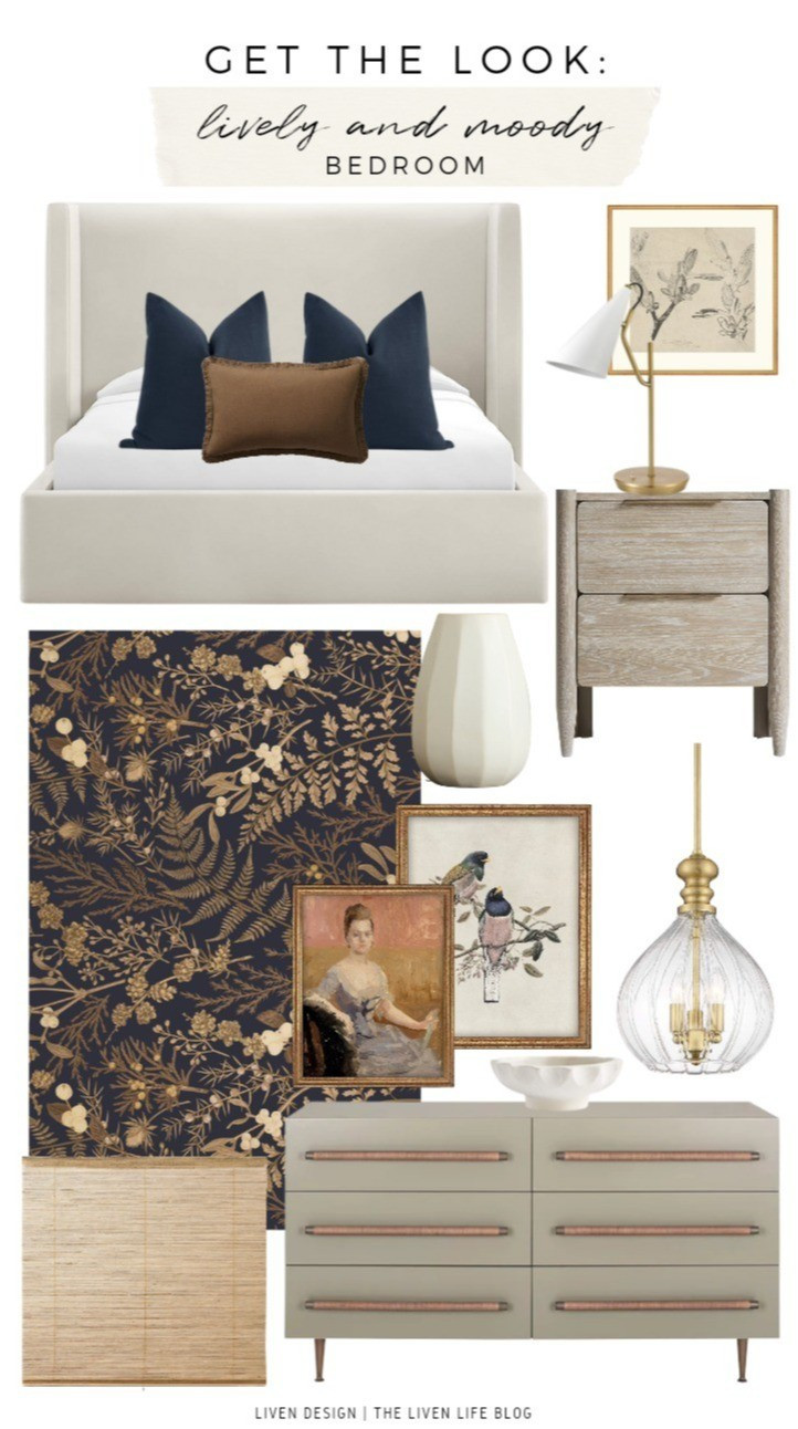 Lively Moody bedroom. Home decor. Throw pillows. Upholstered bed. Nightstand. Lamp. Botanical art. Botanical Moody wallpaper. Dresser. 

#LTKSeasonal #LTKHome #LTKSaleAlert