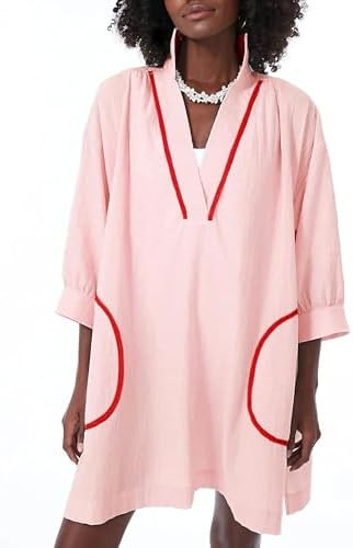Swimsuit Coverup Womens V Neck 3/4 Sleeve Casual Shirt Dress with Pockets | Amazon (US)