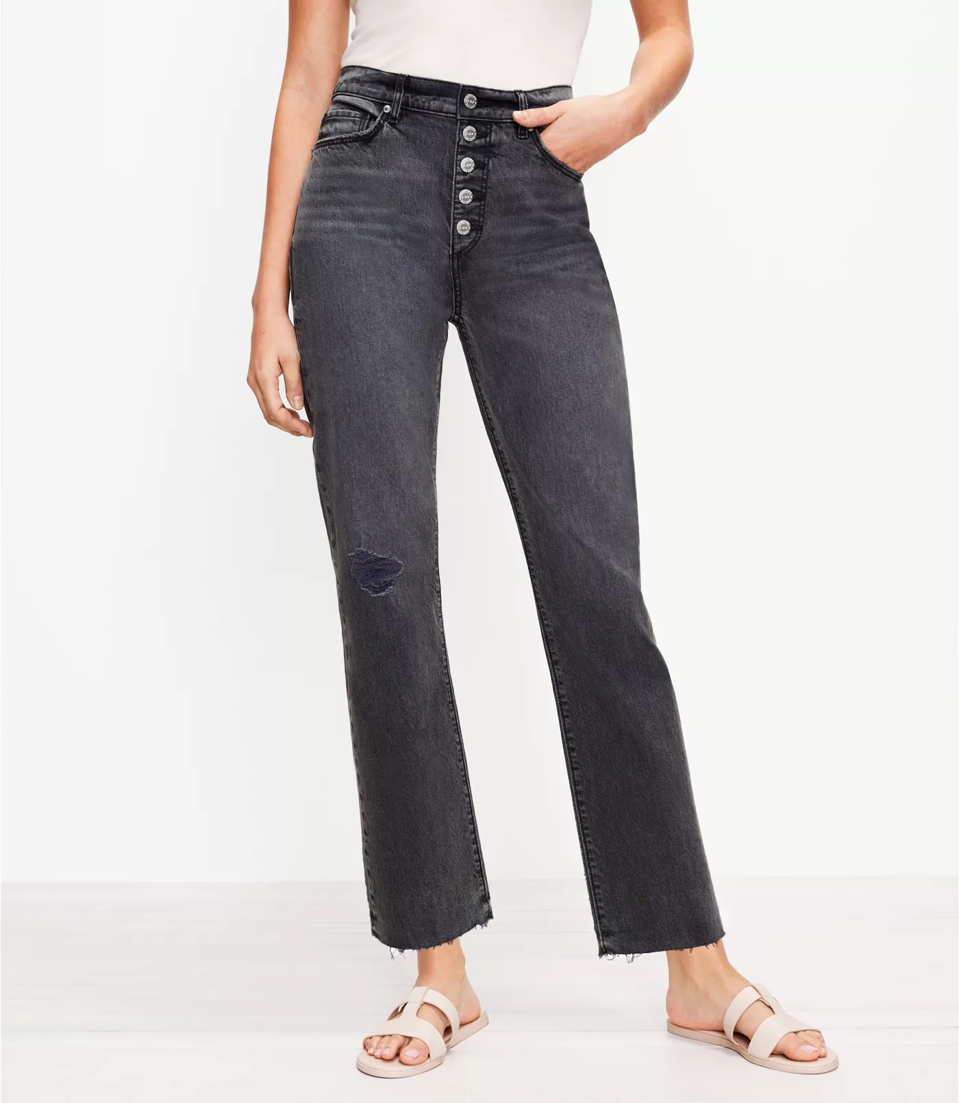 Button Front Fresh Cut High Rise Straight Crop Jeans in Washed Black Wash | LOFT | LOFT