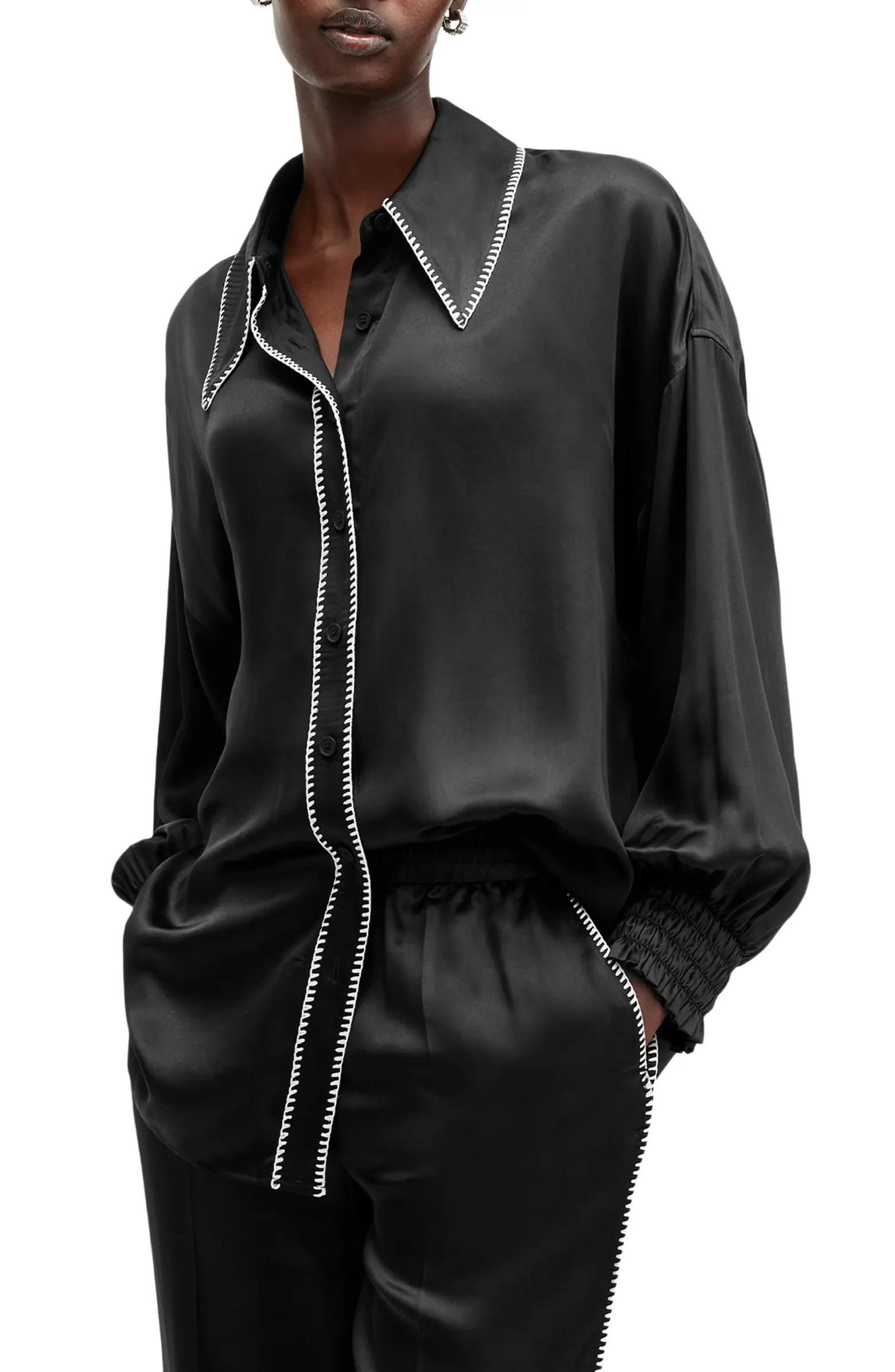 AllSaints Charli Whipstitch Oversize Satin Button-Up Shirt | Nordstromrack | Nordstrom Rack
