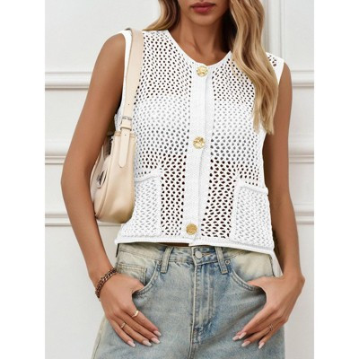Garvee Womens Crochet Sweater Vest Button Down Sleeveless Crew Neck Boho Knit Crop Tank Tops Summer Cardigans White Small | Target
