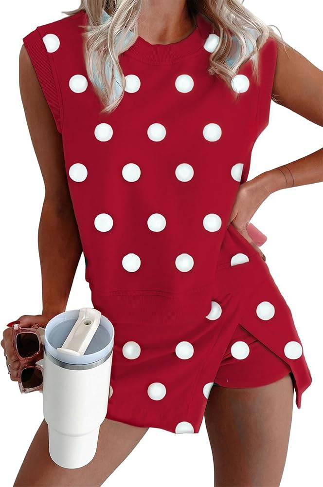 KevaMolly Womens Lounge Sets Ribbed Trim Polka Dot Print Tank Split Mini Skort 2pcs Set Sleeveles... | Amazon (US)