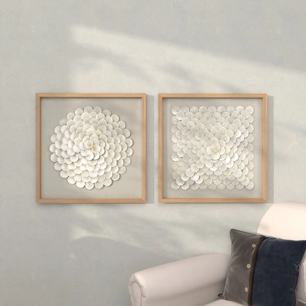 Sand & Stable 2 Piece Cream Shell Handmade Overlapping Shells Geometric Shadow Box with Canvas Ba... | Wayfair North America