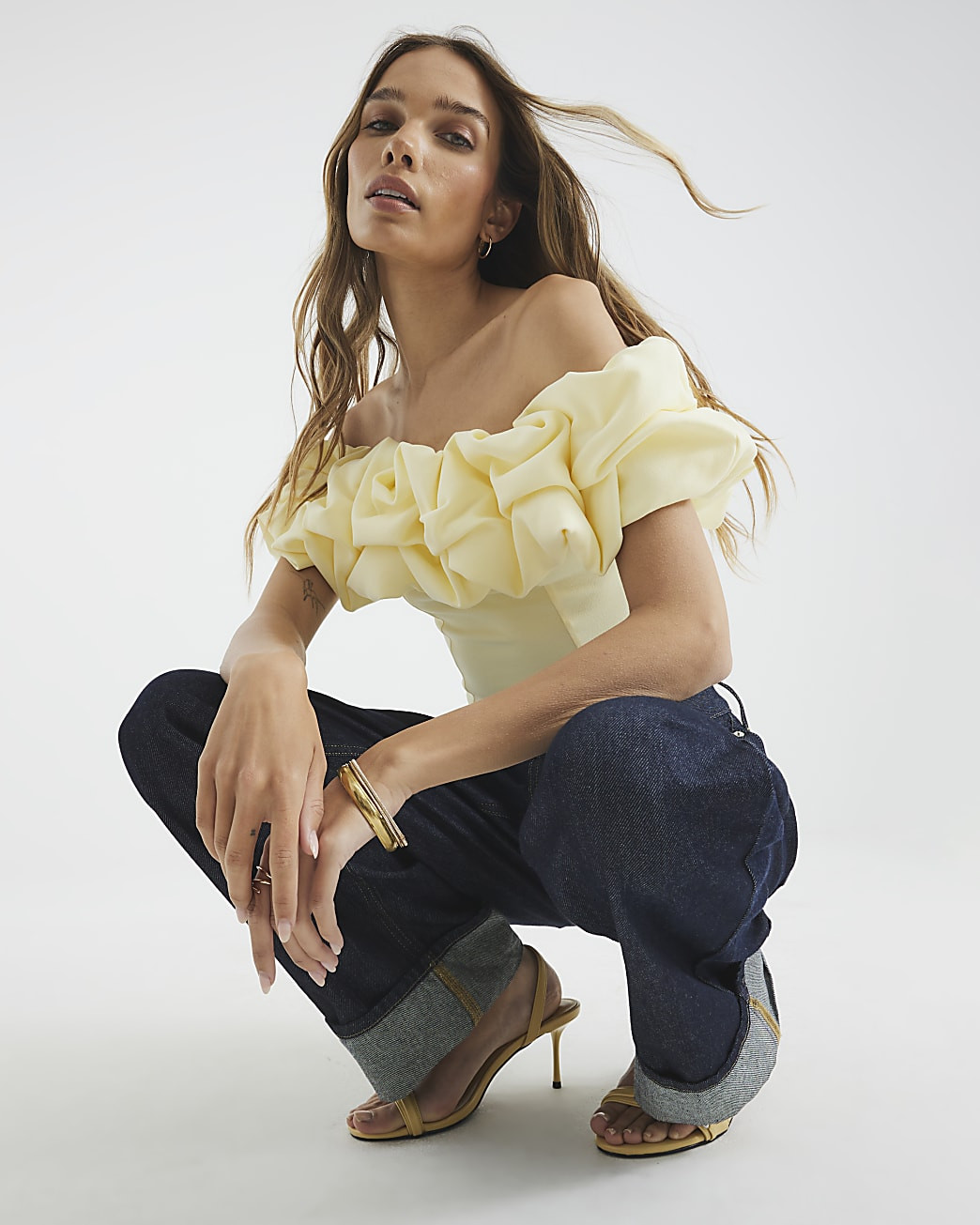 Yellow Short Sleeve Ruffle Bardot Top | River Island UK & IE