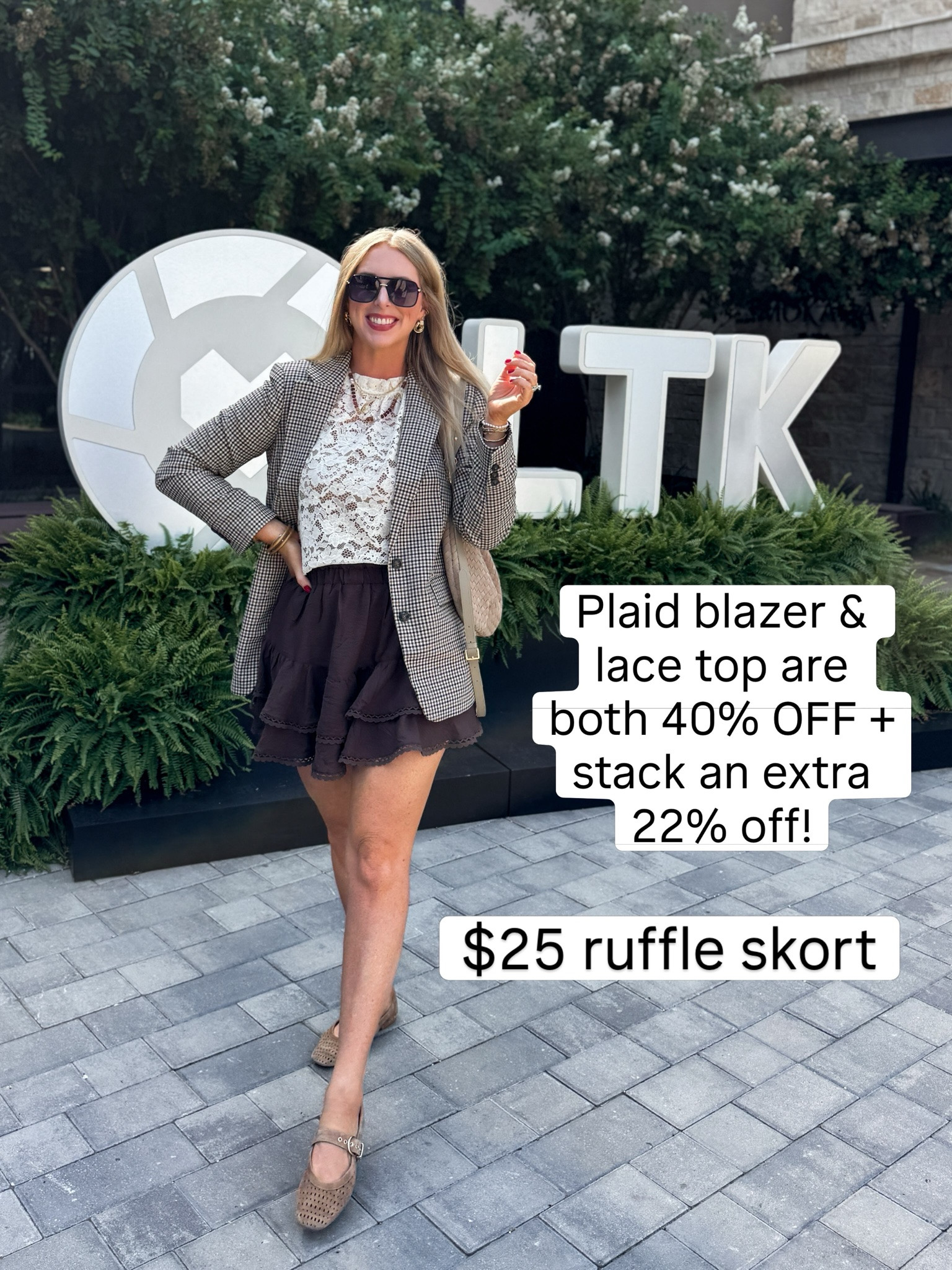 LTK con outfit, plaid blazer, lace top, brown skort

#LTKootd