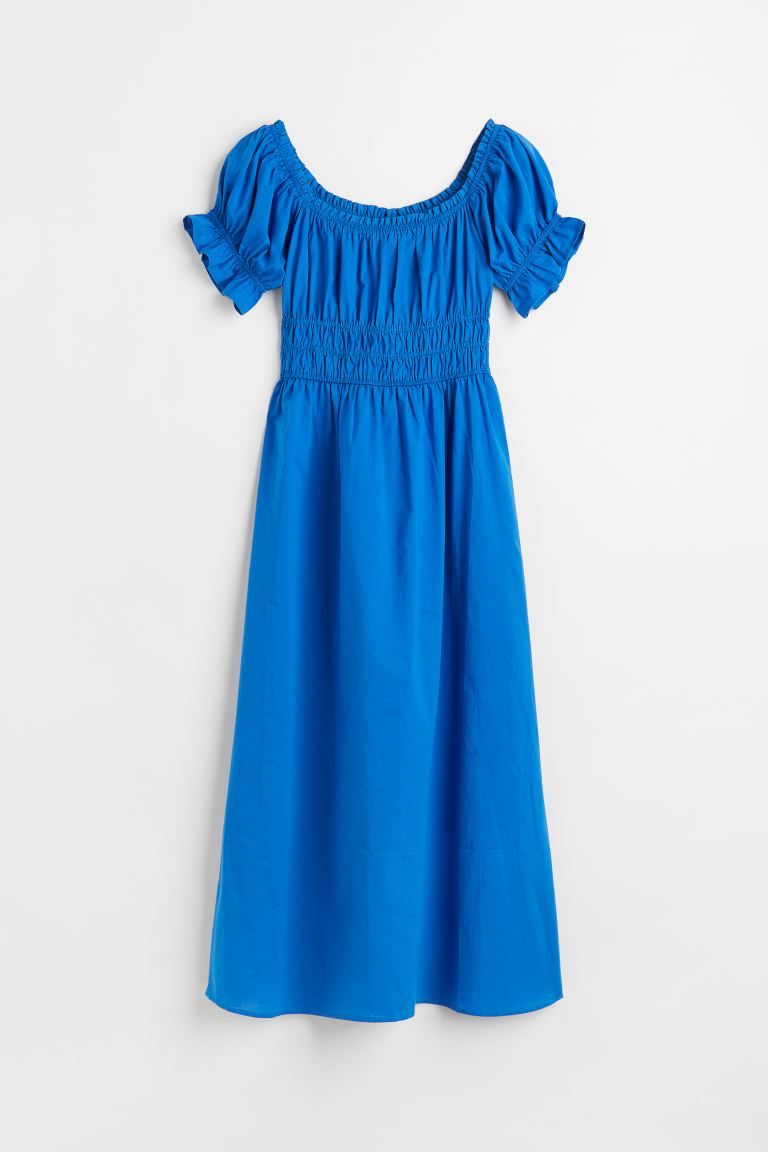 Calf-length, off-the-shoulder dress in a cotton weave with short sleeves. Covered elastication an... | H&M (US + CA)