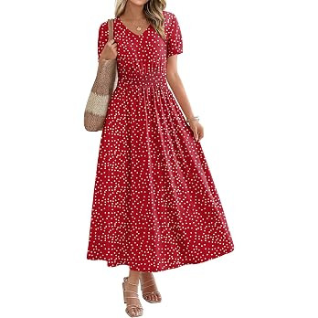 OFEEFAN Maxi Dresses for Women V Neck Ladies Midi Long Dress A Line Smocked Waisted Casual Summer... | Amazon (US)